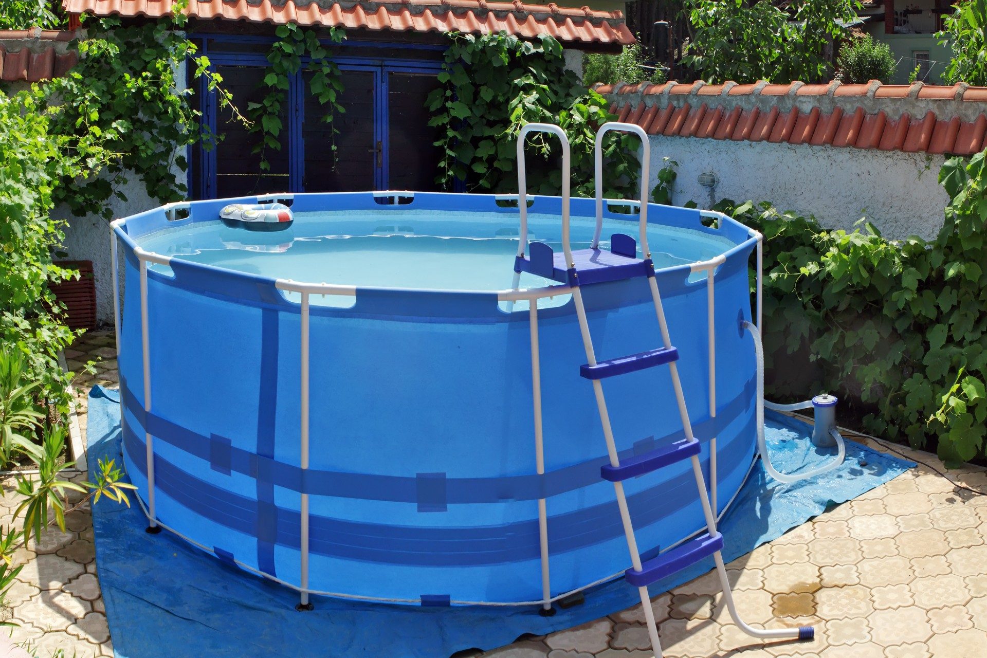 Above-ground pool in backyard