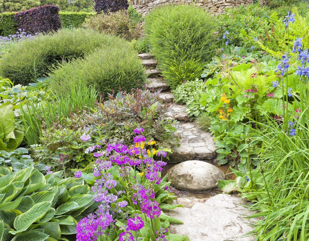 An English cottage garden stone path