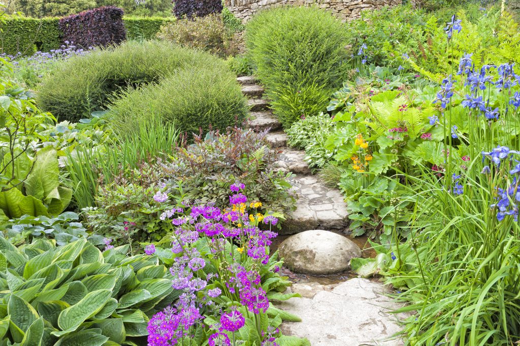 An English cottage garden stone path