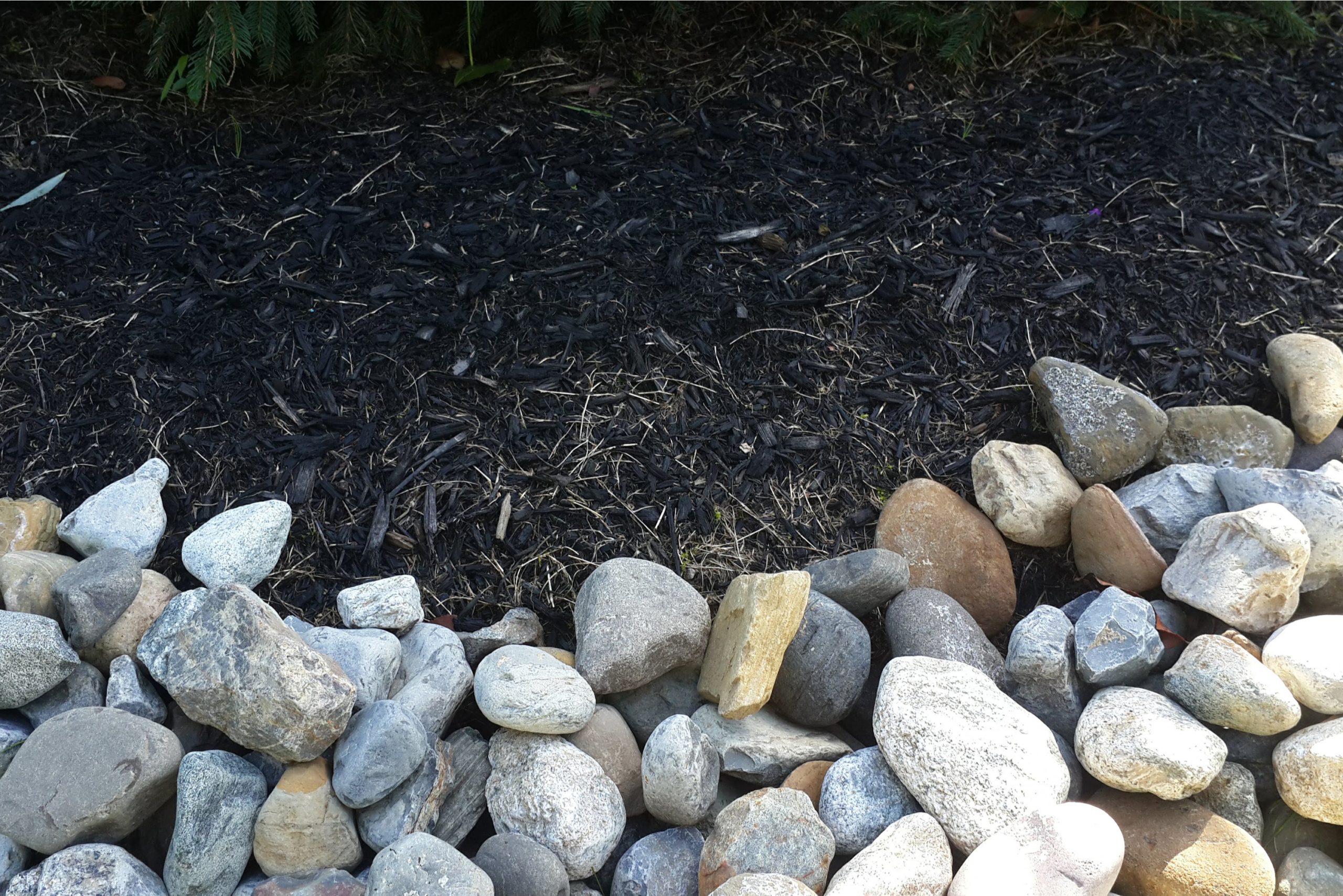 black mulch and stones