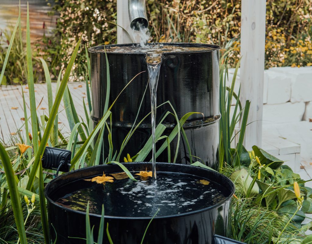 Overflowing rain barrel in a garden