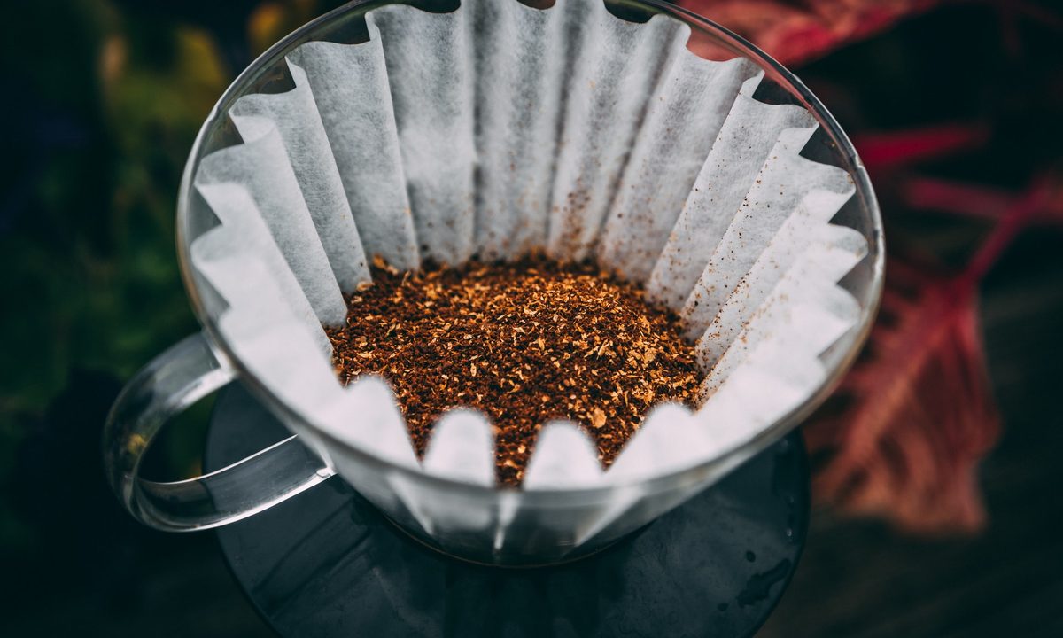 A coffee filter with coffee grounds, sitting on top of a coffee maker with plants in the background