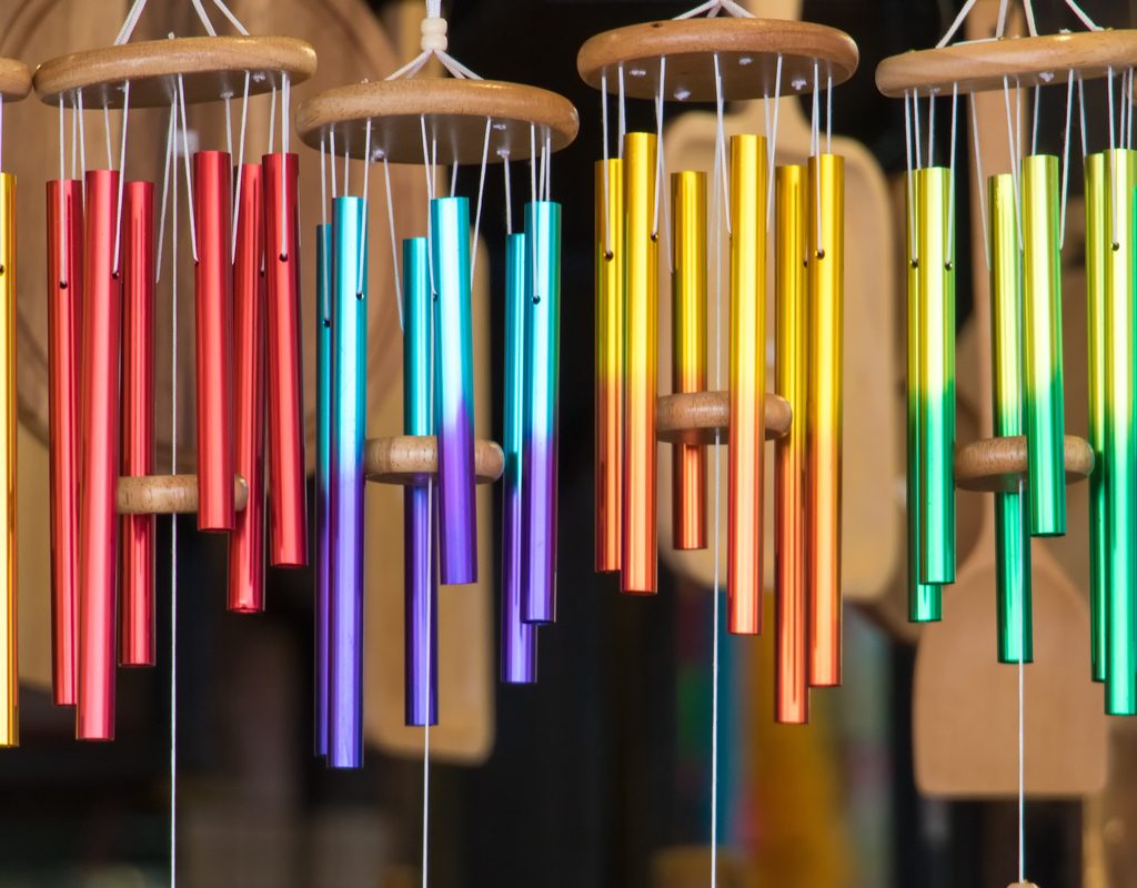 An assortment of rainbow wind chimes