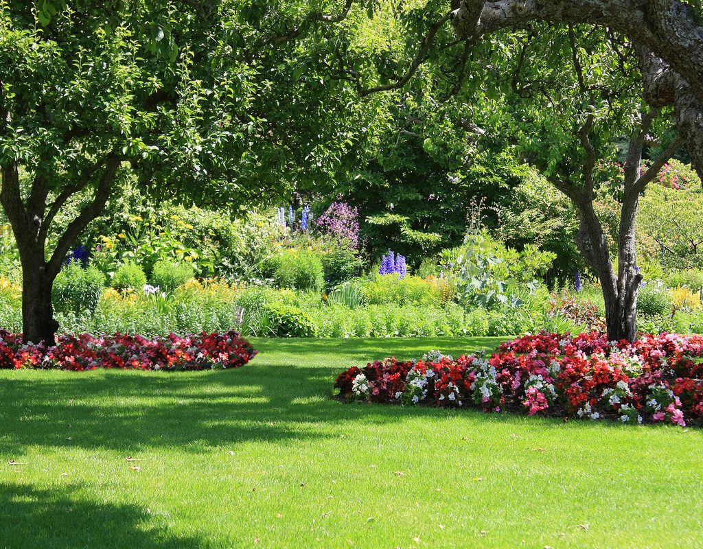manicured lawn with flower beds beneath shade trees