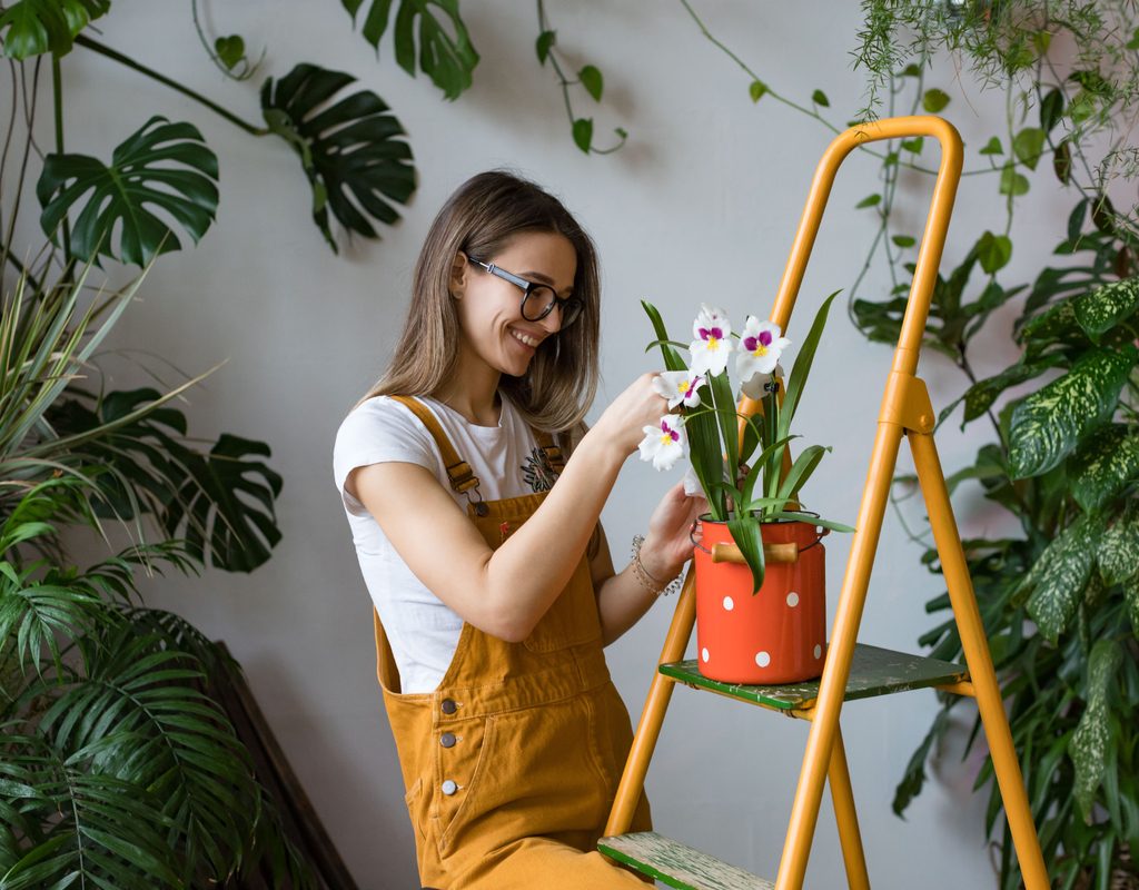 A gardener tending to their plant