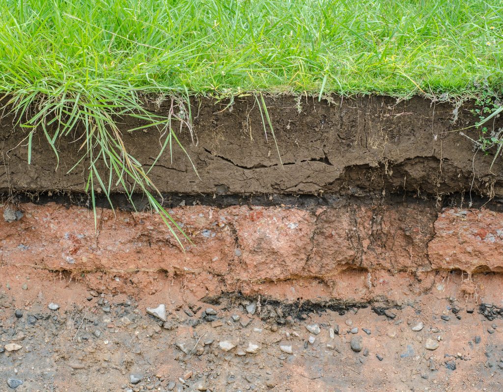 A cross section of ground, showing layers of soil, including a layer of clay