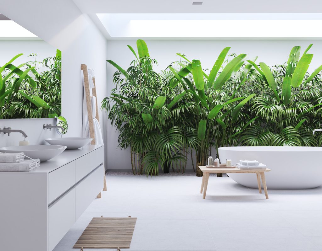 A bathroom full of plants and sun through a skylight