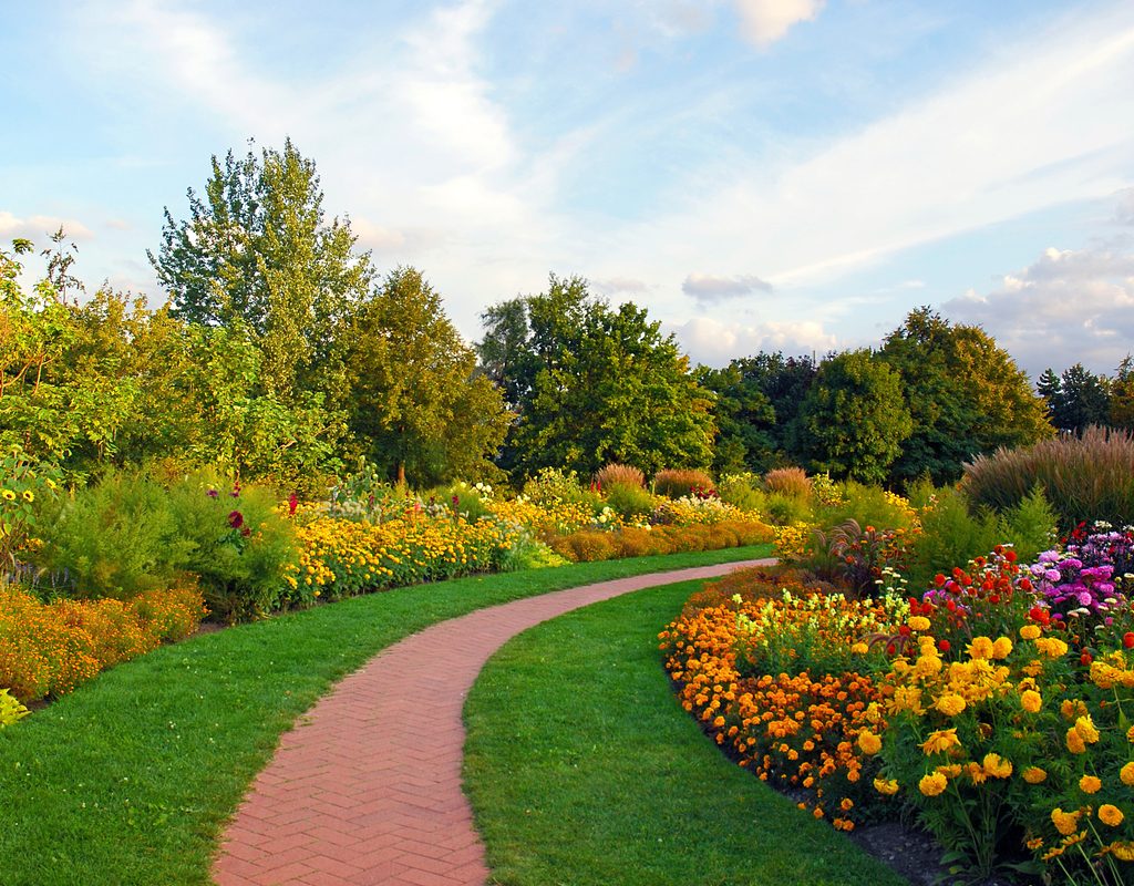 blooming perennial flower garden along a walkway