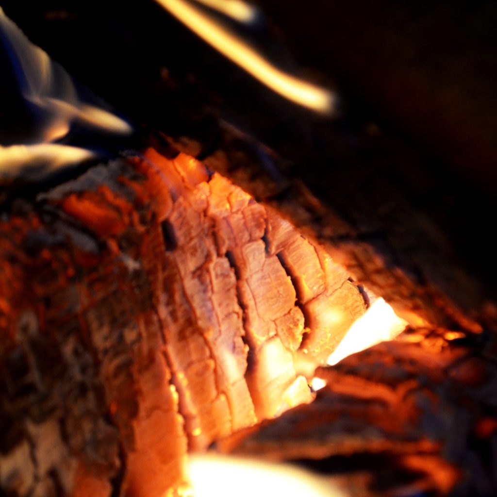 Burning log fireplace