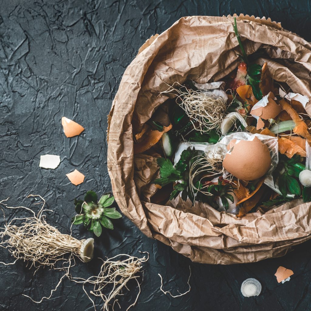 Kitchen scraps in paper bag.