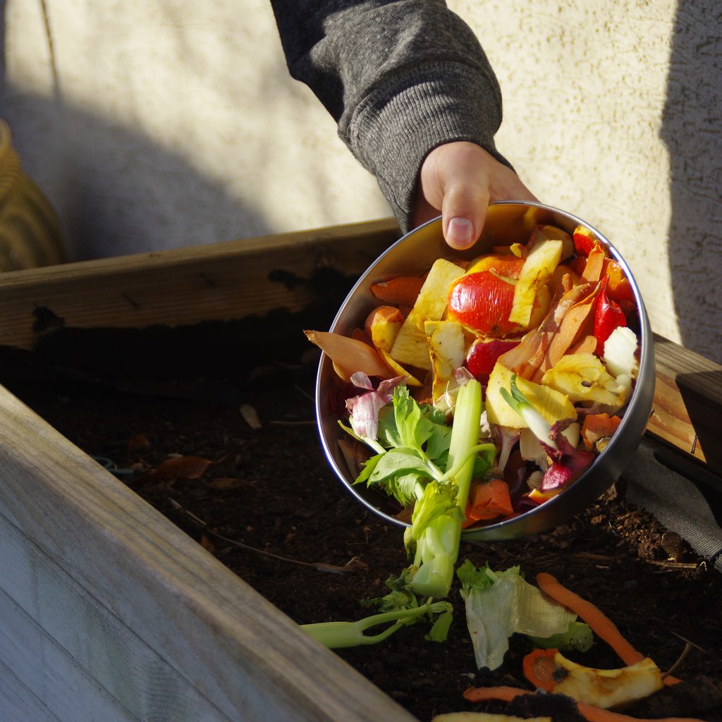 Person adds vegetable matter to a pile.