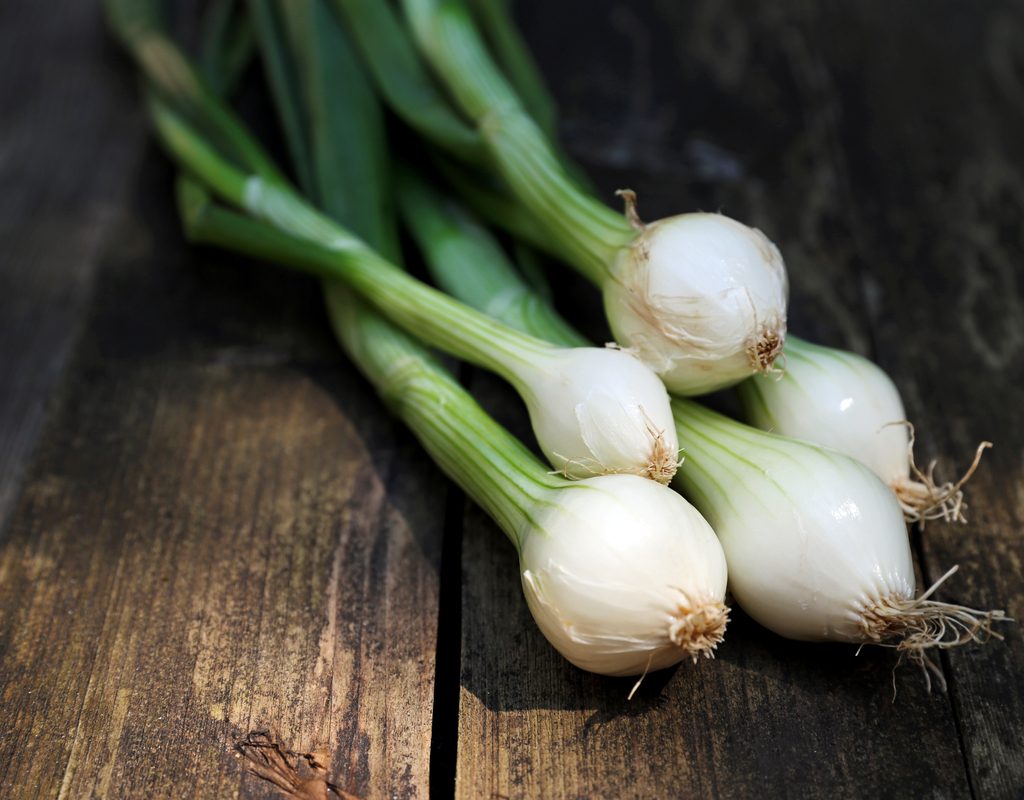 A few spring onions sitting on a dark wooden surface