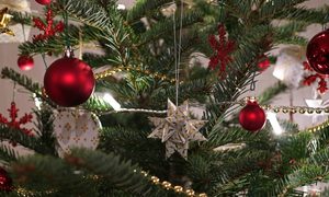 Christmas tree decorated with red and white baubles
