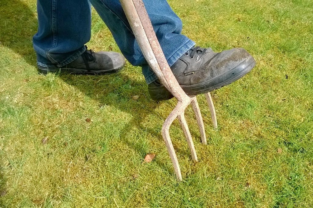 A person digging into grass with a garden fork