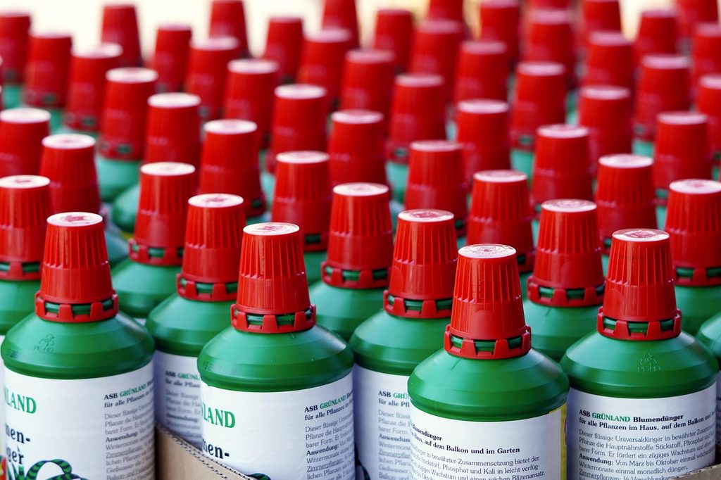 Bottles of liquid fertilizer in a box