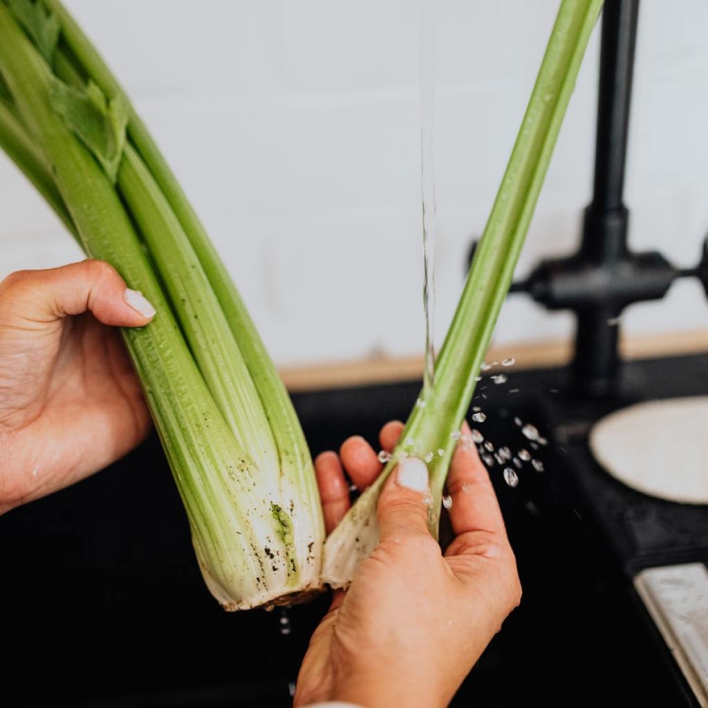 Person washing celery in a sink
