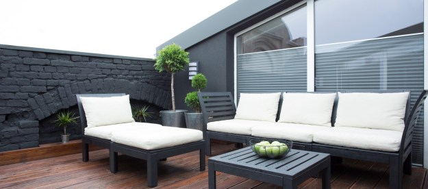 Couch, lounger, and table on outdoor patio