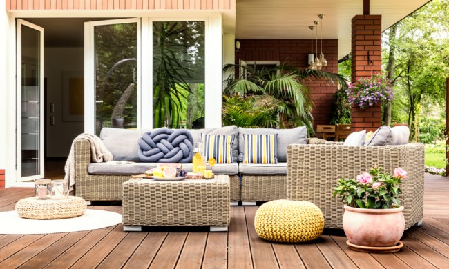 An outdoor beige patio set