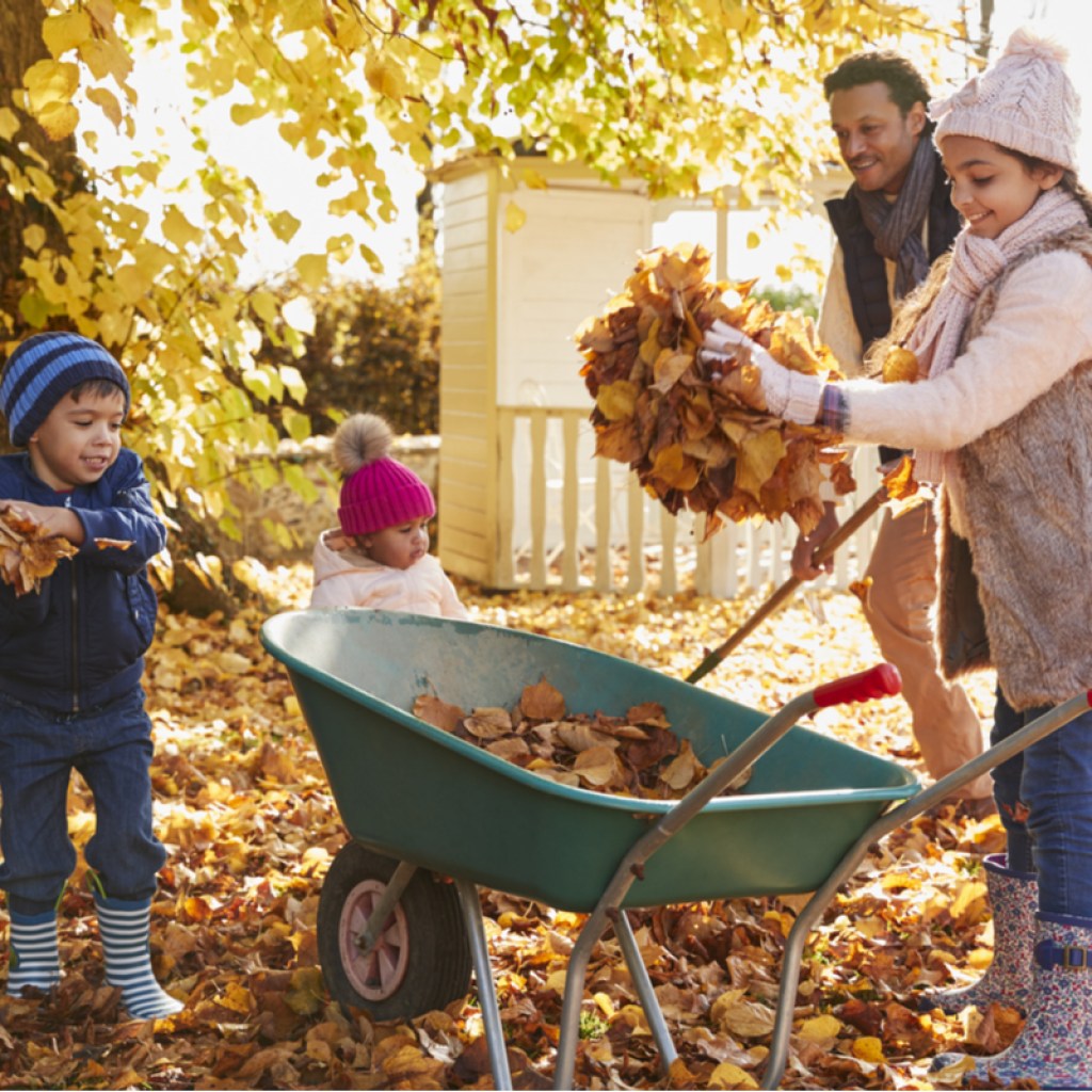 Family collecting fallen leaves