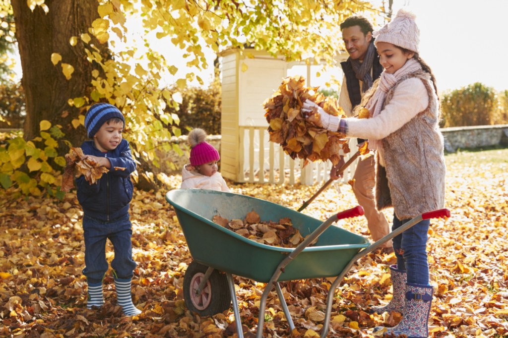 Family collecting fallen leaves