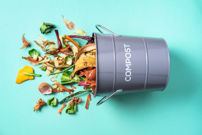A metal bucket labeled compost, laying on its side against a blue background. Food scraps spill out of it.