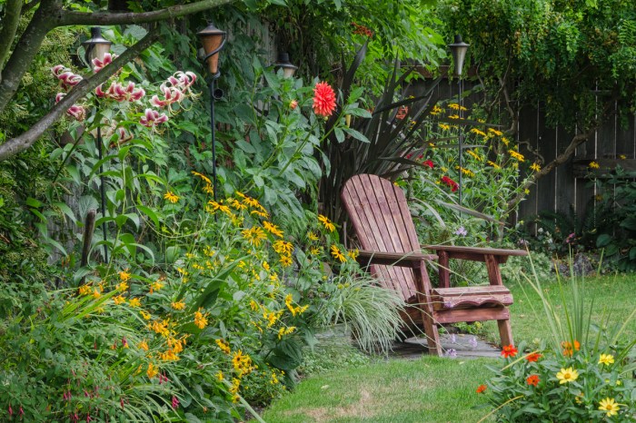 chair on lawn with perennial border