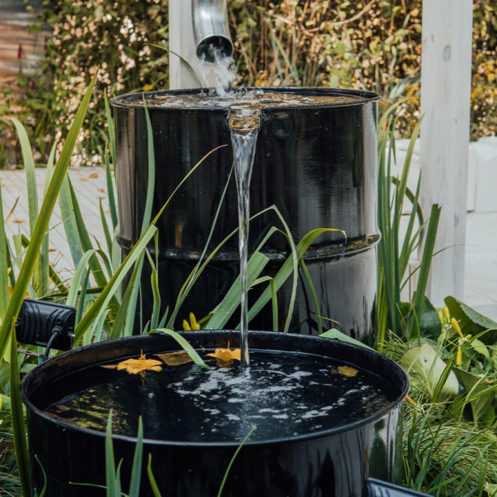 overflowing rain barrel in a garden