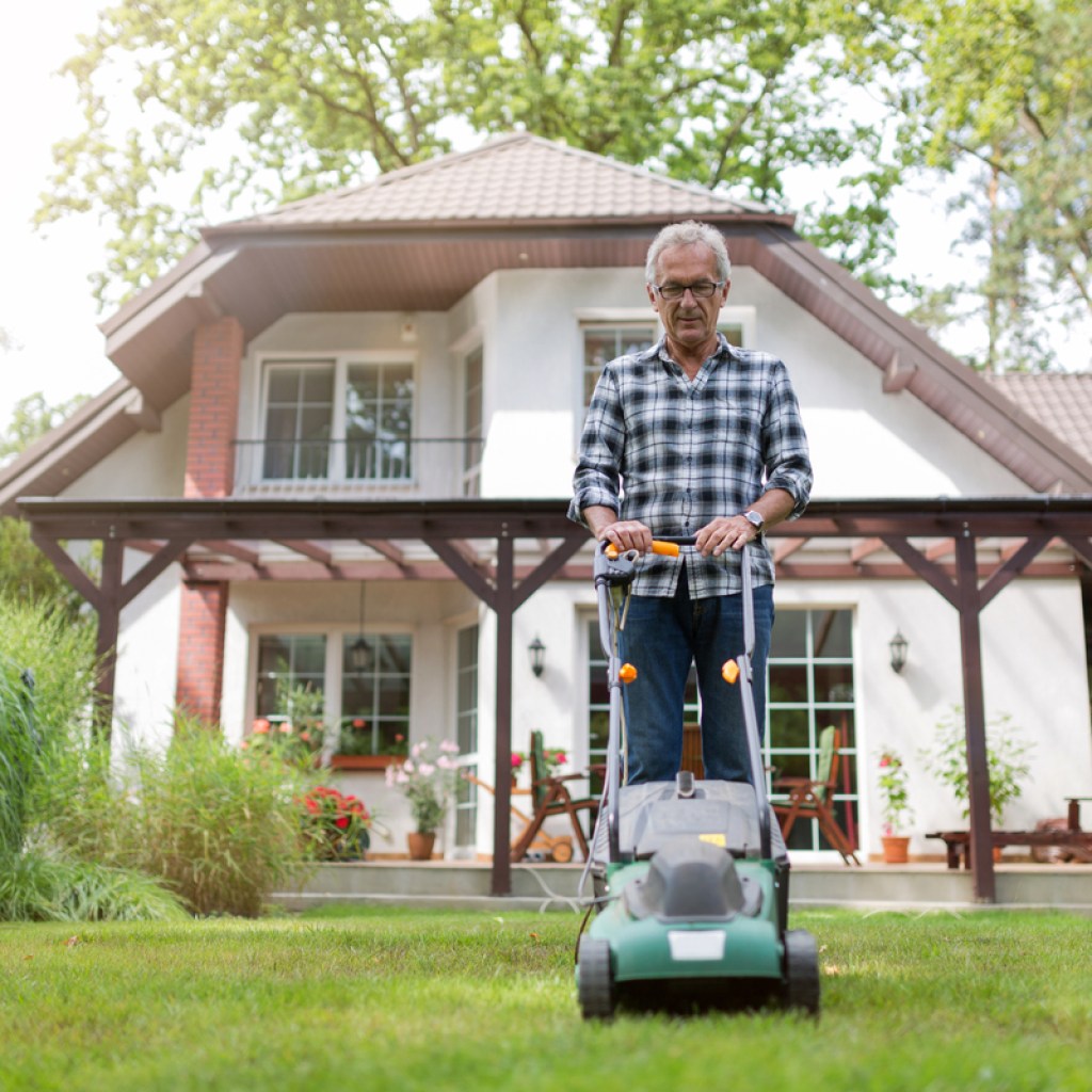 Man in blue and white shirt mowing his lawn with a small green push mower.