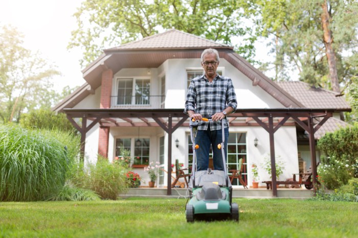 Man in blue and white shirt mowing his lawn with a small green push mower.