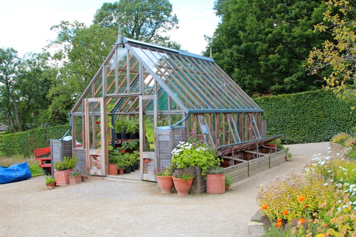 A clear glass greenhouse with plants inside and around it