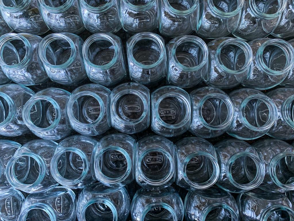 Rows of empty mason jars