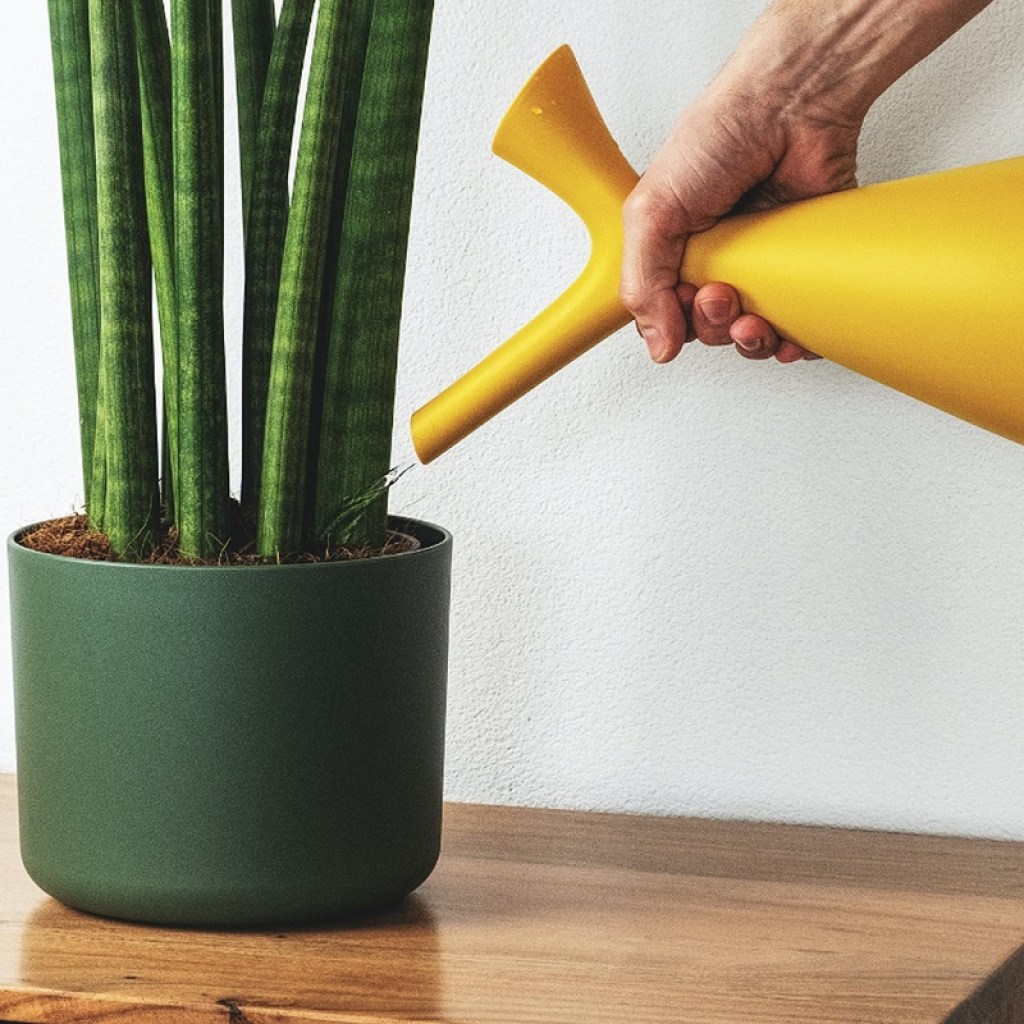 A person watering a snake plant