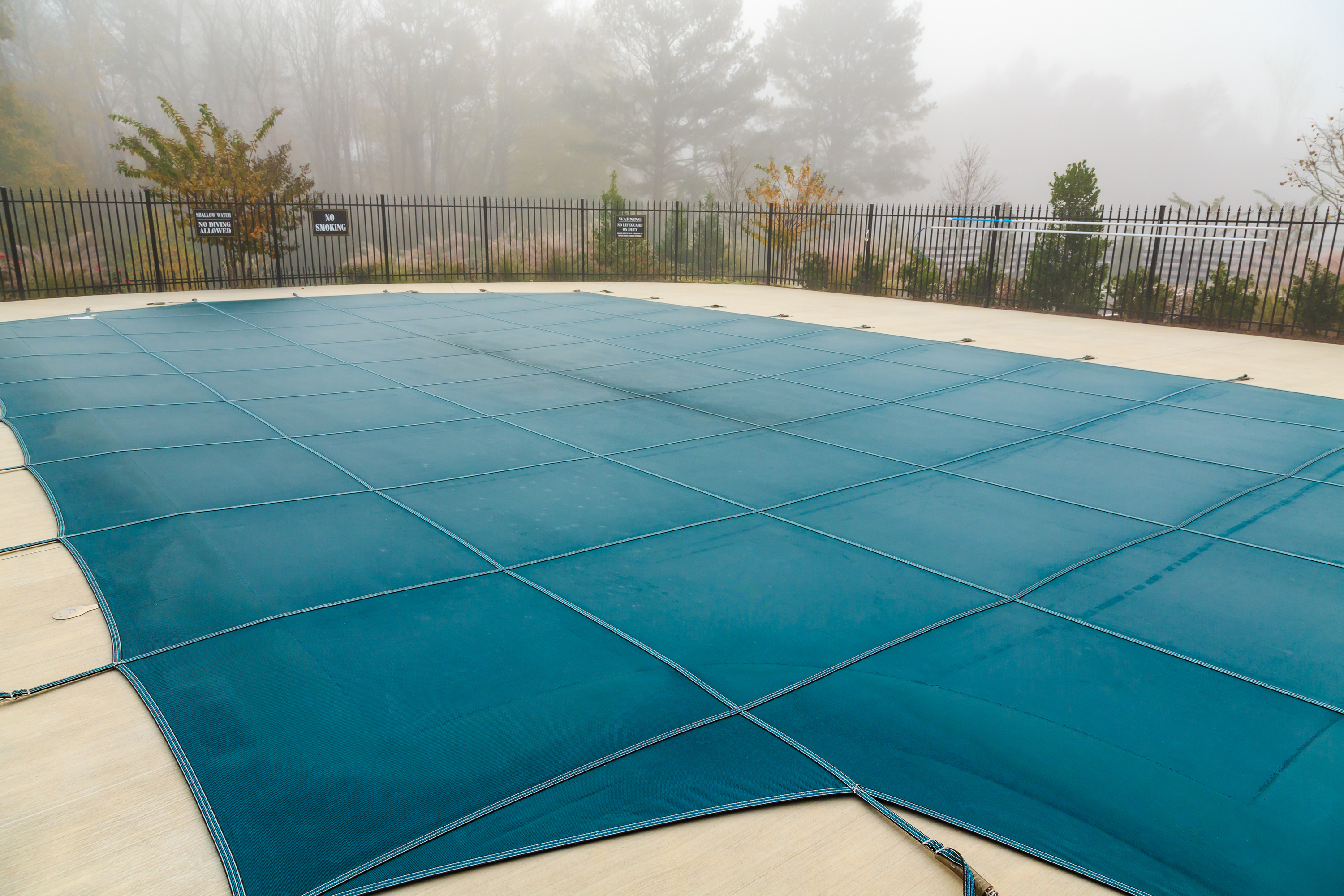 Mesh pool cover in fog
