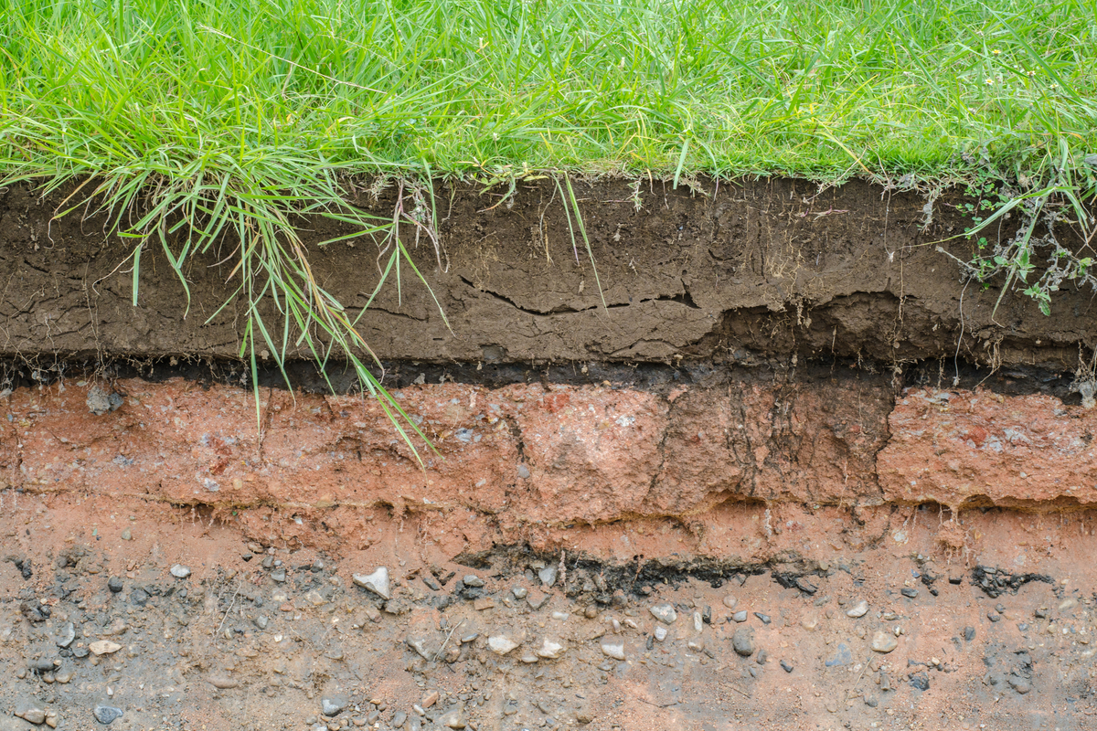 A cross section of ground, showing layers of soil, including a layer of clay