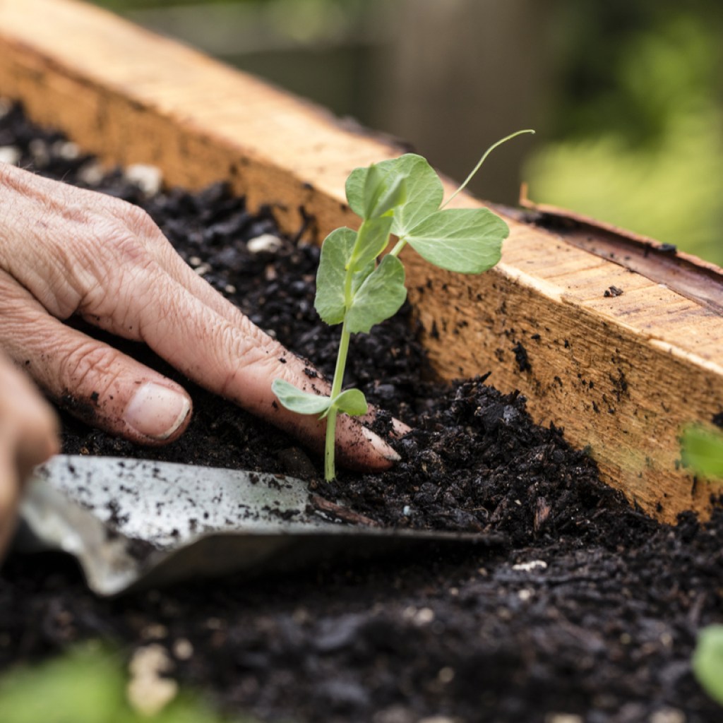 A farmer planting snowpeas