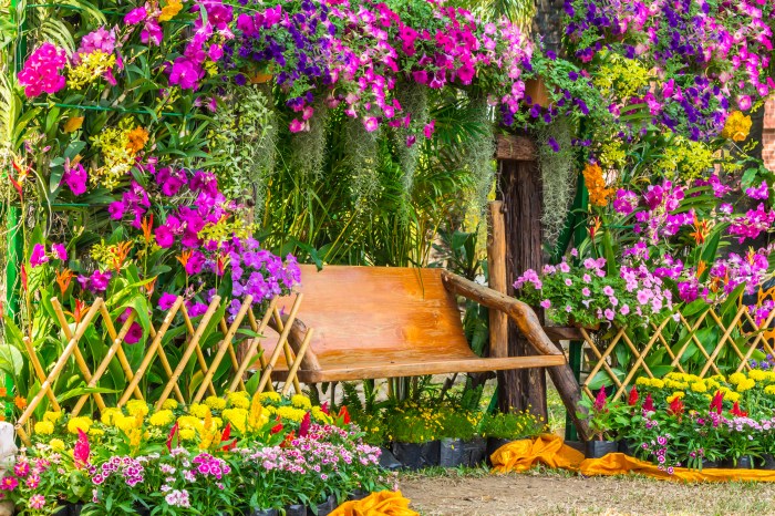 Flowers surrounding wooden bench