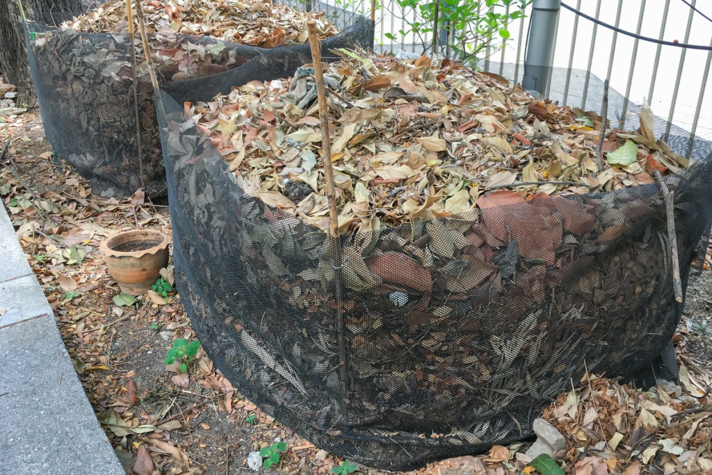 mesh bins filled with fallen leaves