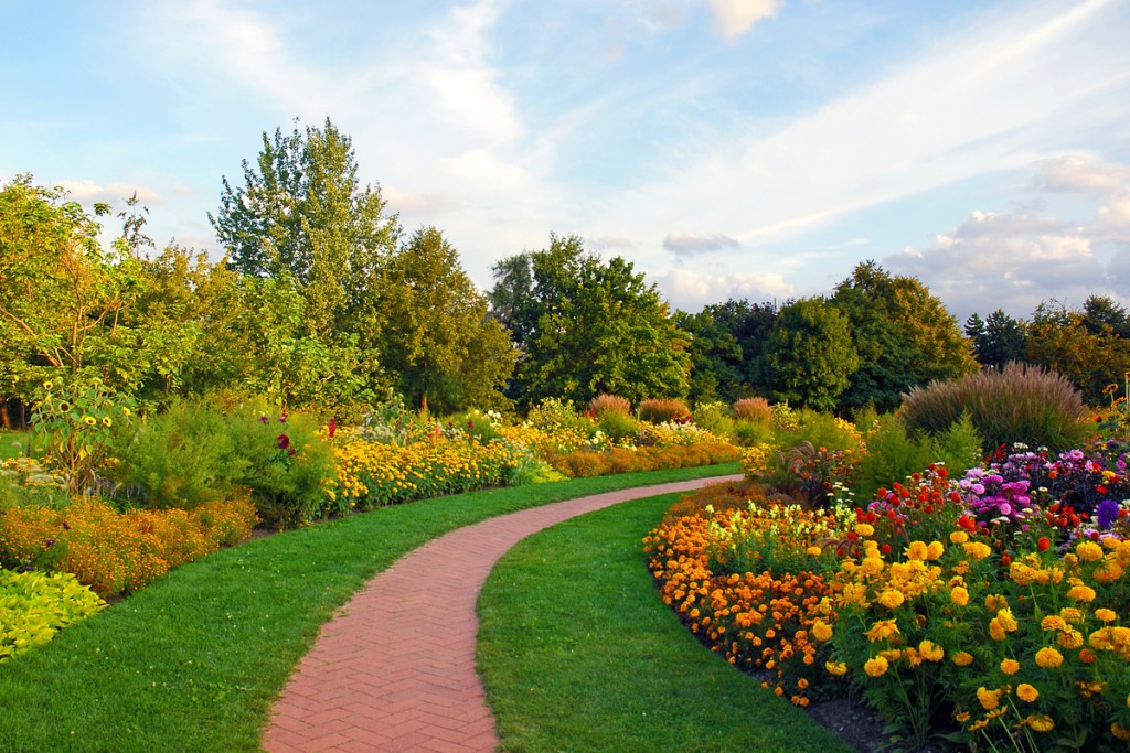 blooming perennial flower garden along a walkway