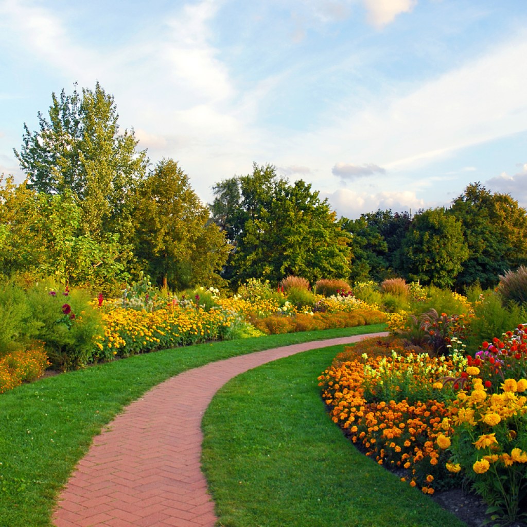 blooming perennial flower garden along a walkway