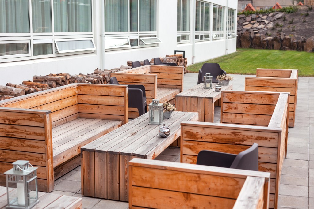 Wooden furniture on patio