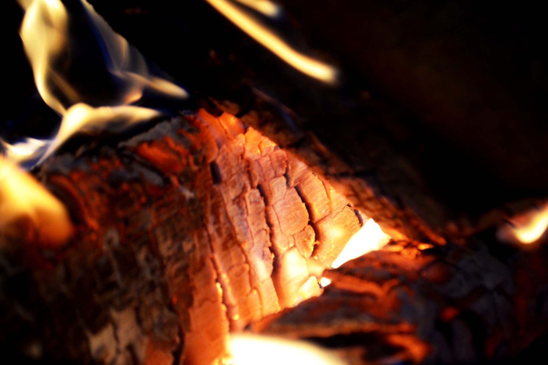 Burning log fireplace