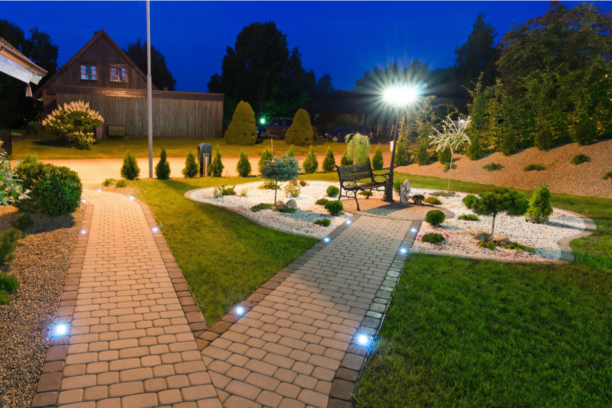 A garden sitting area with lights