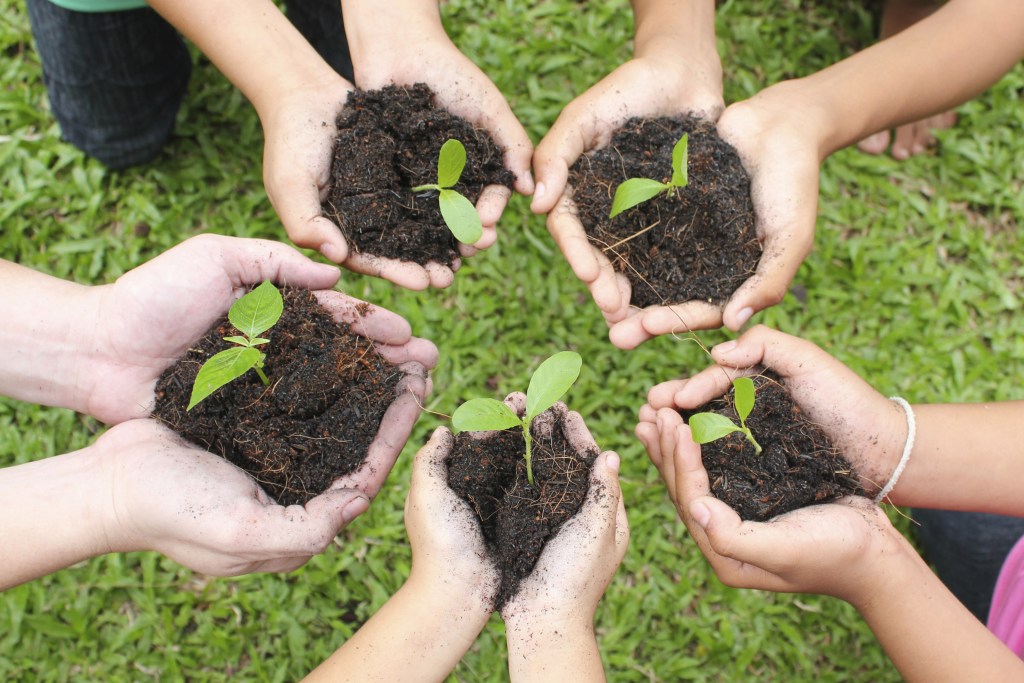 Community holding soil in their hands.