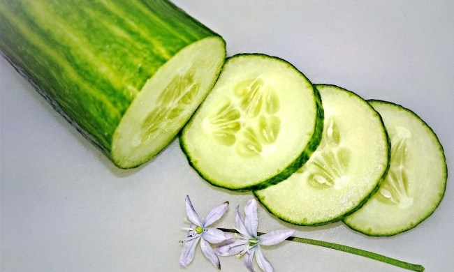 A cucumber with several slices of cucumber sitting next to it on a white background