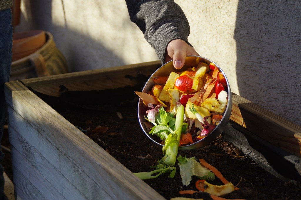 Person adds vegetable matter to a pile.