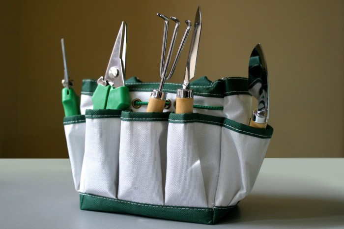 A bag filled with garden tools