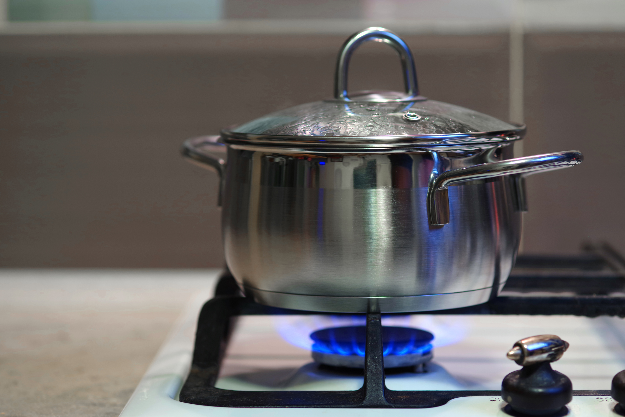 A covered, stainless steel pot on a stovetop