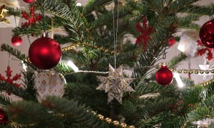 Christmas tree decorated with red and white baubles