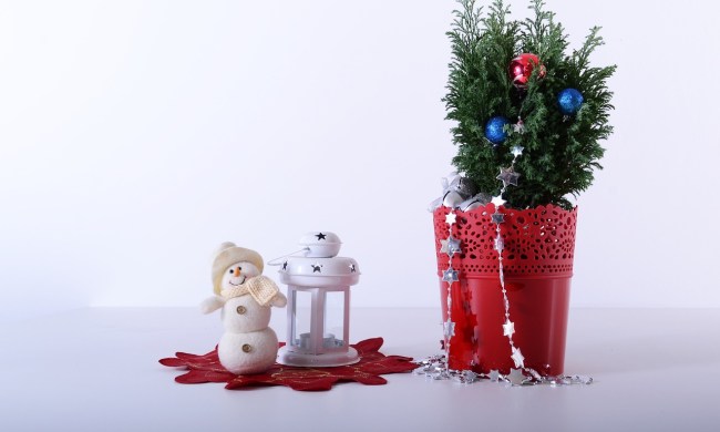 A small potted pine tree wrapped in Christmas decorations next to a tiny snowman figurine